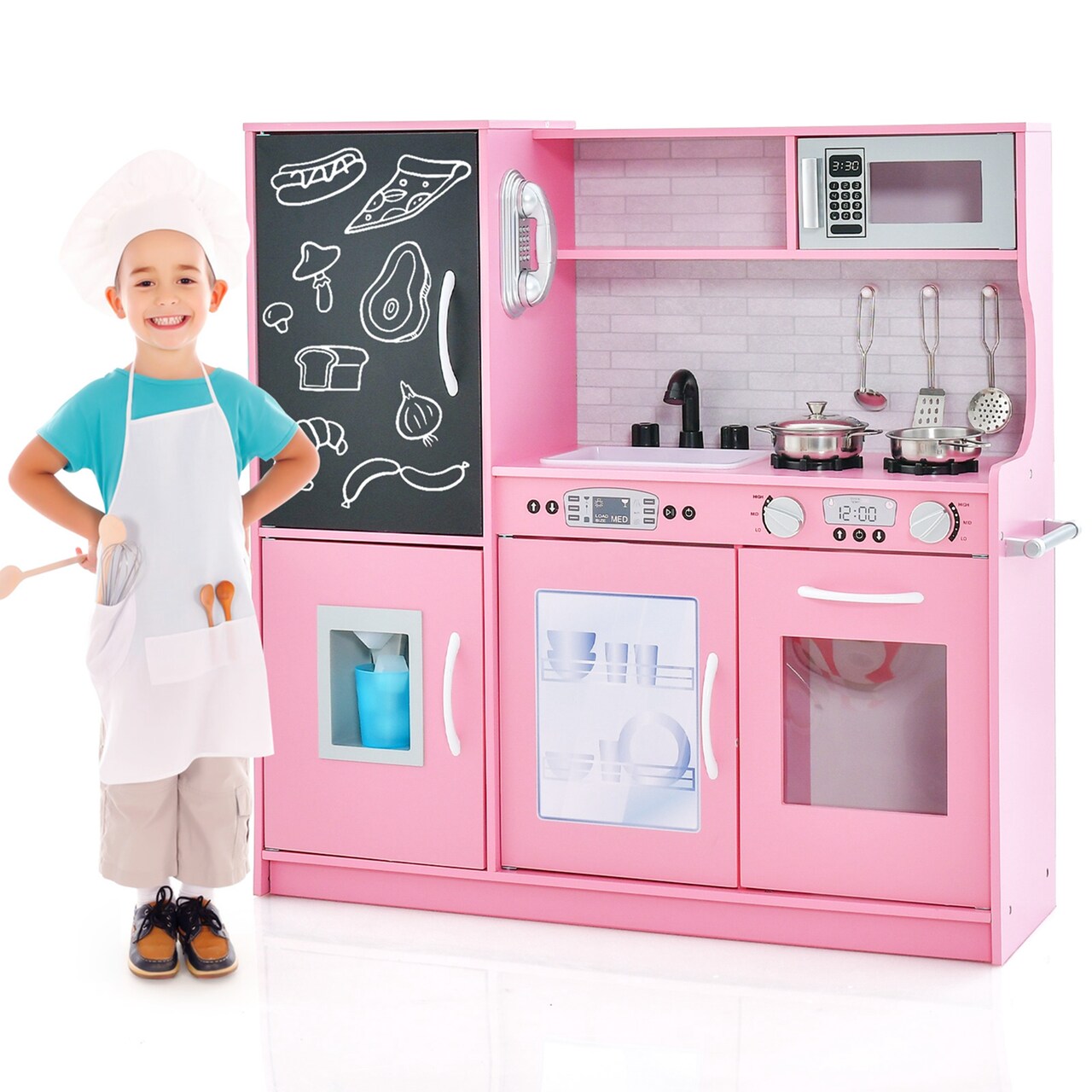 Costway Kid's Pretend Play Kitchen Toddler Kitchen Playset with Blackboard Pink/White/Light Pink/Beige